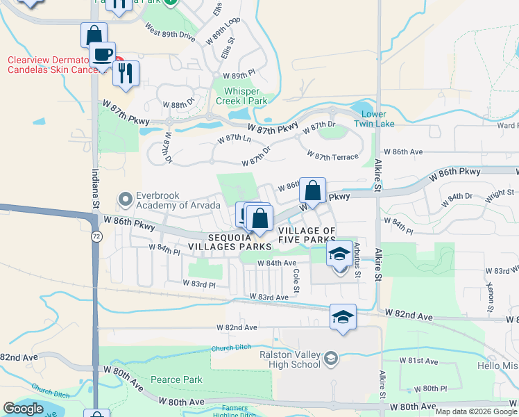 map of restaurants, bars, coffee shops, grocery stores, and more near 8645 Coors Street in Arvada