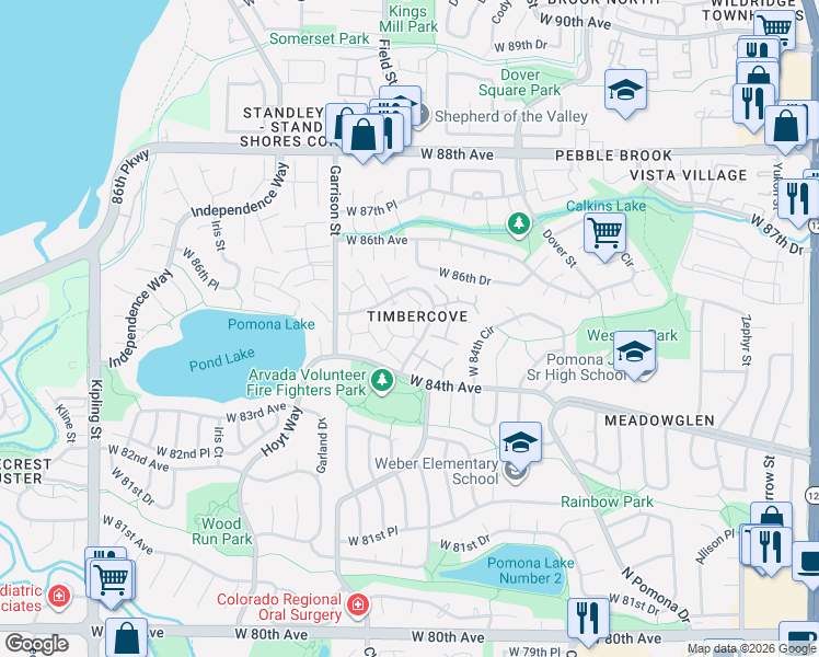 map of restaurants, bars, coffee shops, grocery stores, and more near 8420 Everett Way in Arvada