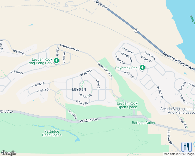 map of restaurants, bars, coffee shops, grocery stores, and more near 17519 West 84th Place in Arvada