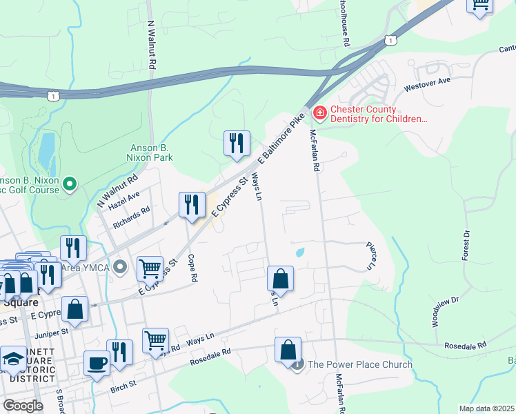 map of restaurants, bars, coffee shops, grocery stores, and more near 51 Ways Lane in Kennett Square