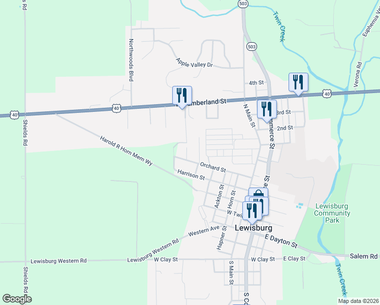 map of restaurants, bars, coffee shops, grocery stores, and more near 4528 Lee Street in Lewisburg