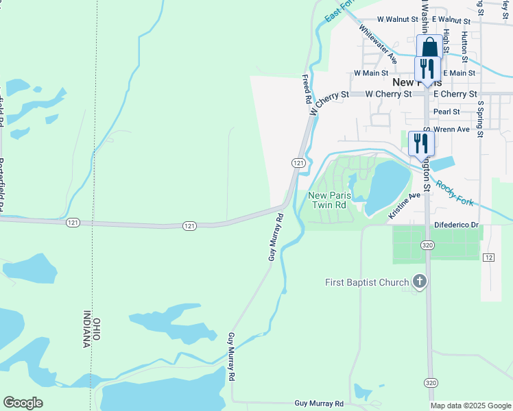 map of restaurants, bars, coffee shops, grocery stores, and more near 6579 Ohio 121 in New Paris
