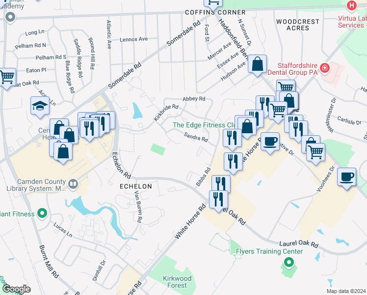 map of restaurants, bars, coffee shops, grocery stores, and more near 42-44 Buttonwood Road in Voorhees Township