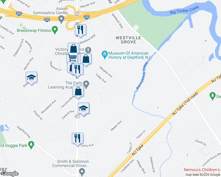 map of restaurants, bars, coffee shops, grocery stores, and more near 31 Trilby Avenue in Westville