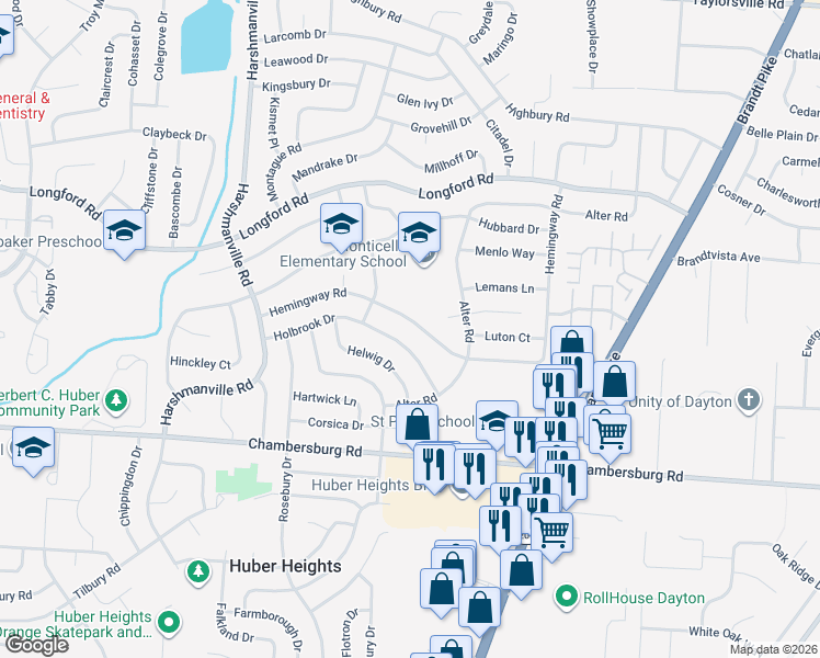 map of restaurants, bars, coffee shops, grocery stores, and more near 6324 Holbrook Drive in Dayton