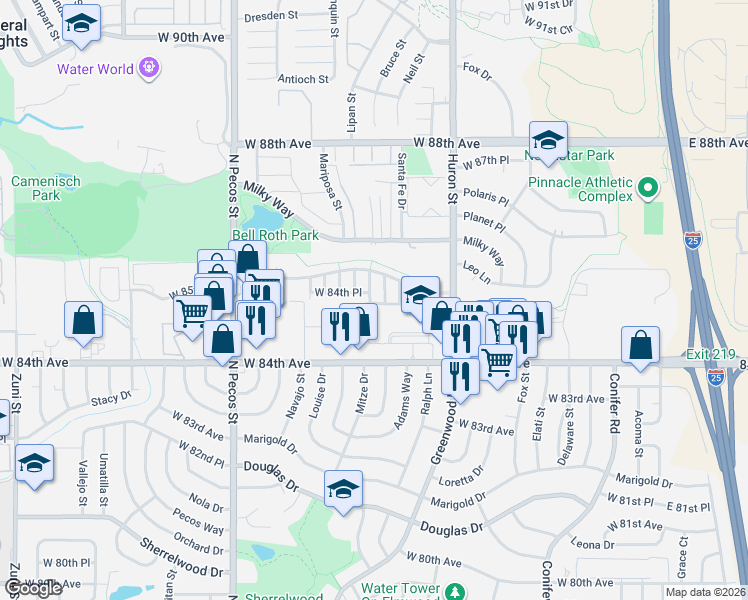 map of restaurants, bars, coffee shops, grocery stores, and more near 1001 West 84th Avenue in Federal Heights