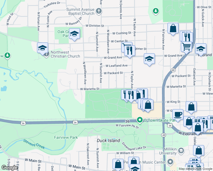map of restaurants, bars, coffee shops, grocery stores, and more near 1901-1999 W Marietta St in Decatur