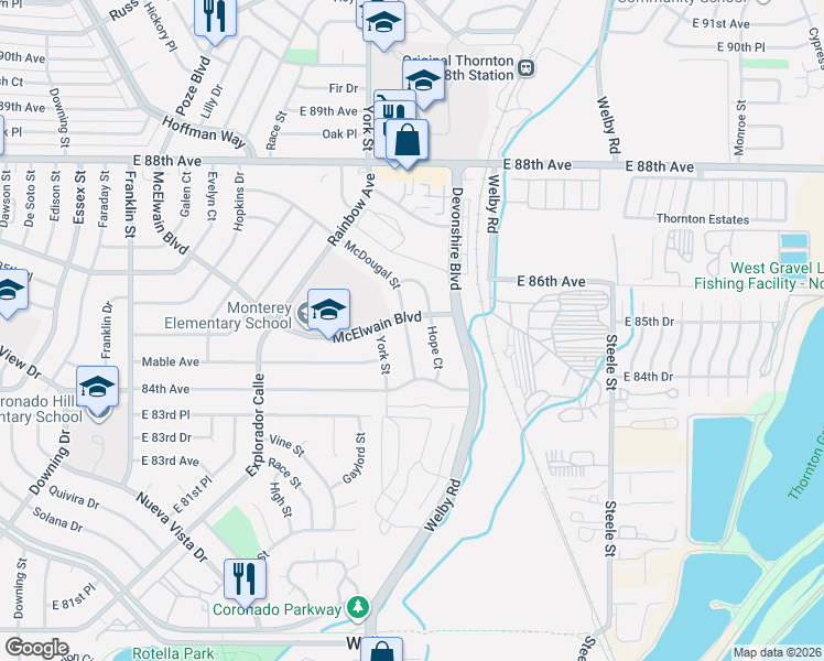 map of restaurants, bars, coffee shops, grocery stores, and more near 8471 McDougal Street in Denver