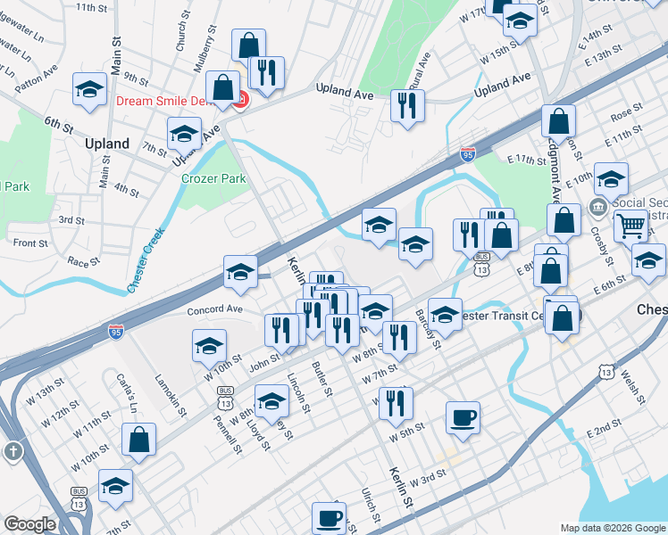 map of restaurants, bars, coffee shops, grocery stores, and more near 1036 Parker Street in Chester