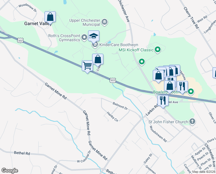 map of restaurants, bars, coffee shops, grocery stores, and more near 140 Belmont Drive in Boothwyn