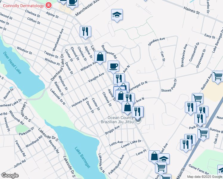 map of restaurants, bars, coffee shops, grocery stores, and more near 512 Alpine Street in Lacey Township