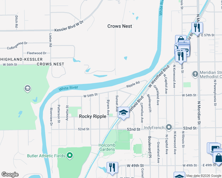map of restaurants, bars, coffee shops, grocery stores, and more near 655 West 54th Street in Indianapolis