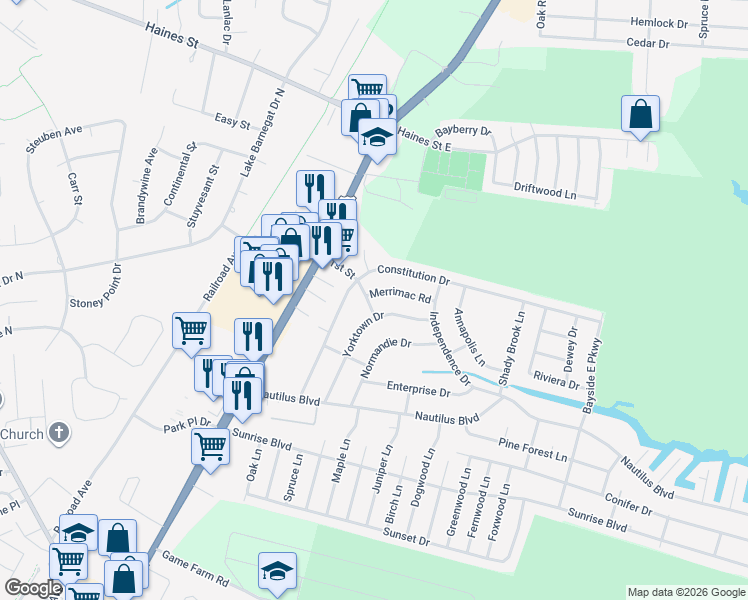 map of restaurants, bars, coffee shops, grocery stores, and more near 337 Yorktown Drive in Lacey Township