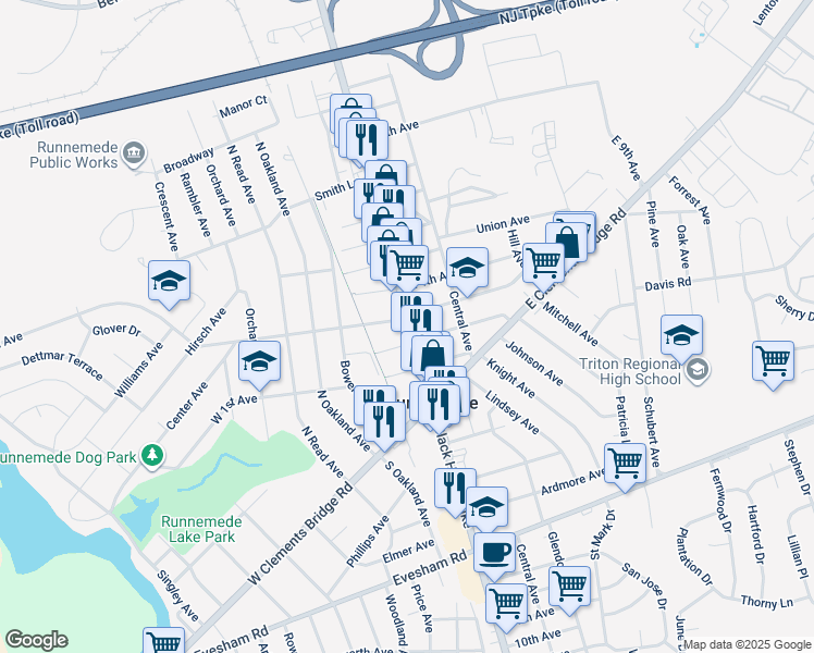 map of restaurants, bars, coffee shops, grocery stores, and more near 123 North Black Horse Pike in Runnemede