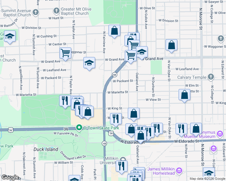 map of restaurants, bars, coffee shops, grocery stores, and more near 930 N Fairview Ave in Decatur