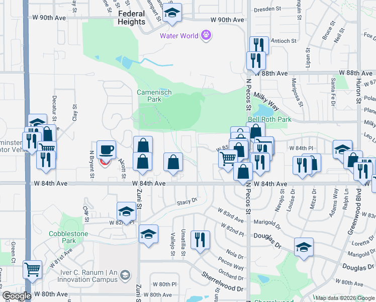 map of restaurants, bars, coffee shops, grocery stores, and more near 8485 North Tejon Street in Denver