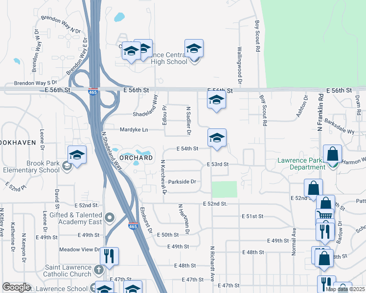 map of restaurants, bars, coffee shops, grocery stores, and more near 7368 Westchester Drive in Lawrence