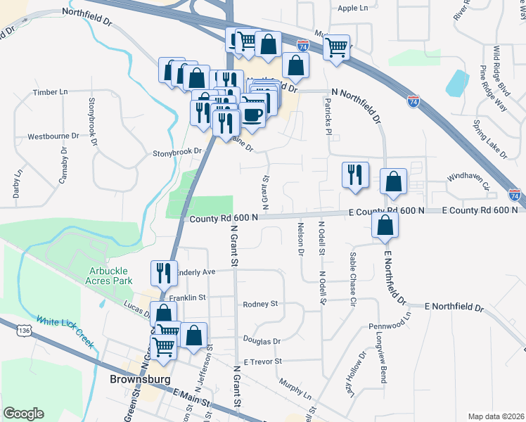 map of restaurants, bars, coffee shops, grocery stores, and more near 544 Eagle Crest Drive in Brownsburg