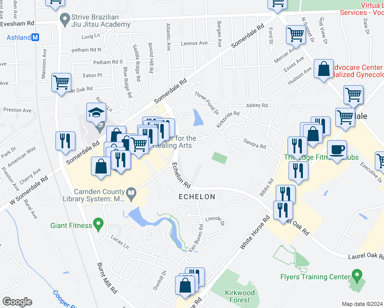 map of restaurants, bars, coffee shops, grocery stores, and more near 225 Echelon Road in Voorhees Township