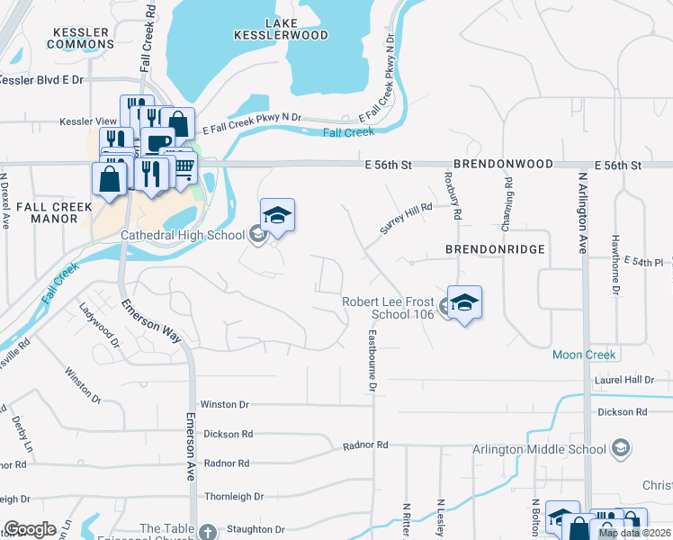 map of restaurants, bars, coffee shops, grocery stores, and more near 5321 Whitemarsh Lane in Indianapolis