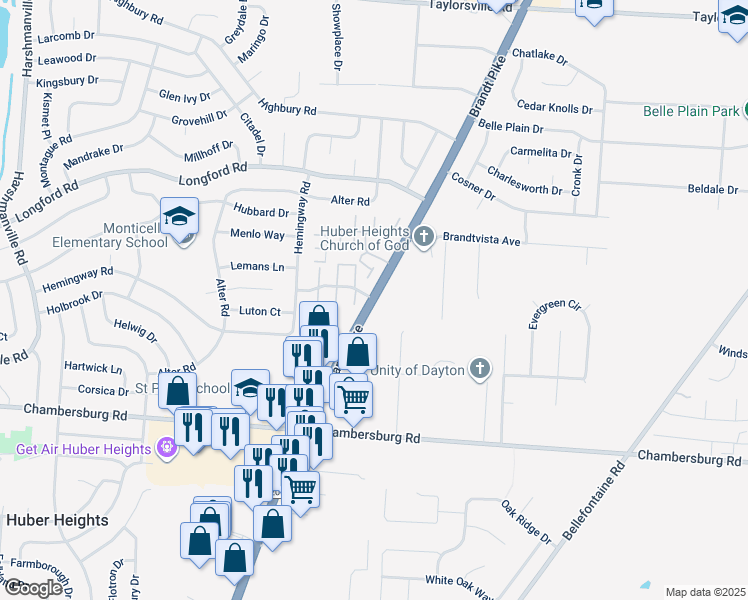 map of restaurants, bars, coffee shops, grocery stores, and more near 6836 Brandt Pike in Huber Heights