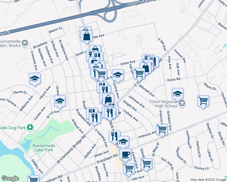 map of restaurants, bars, coffee shops, grocery stores, and more near 39 East 2nd Avenue in Runnemede