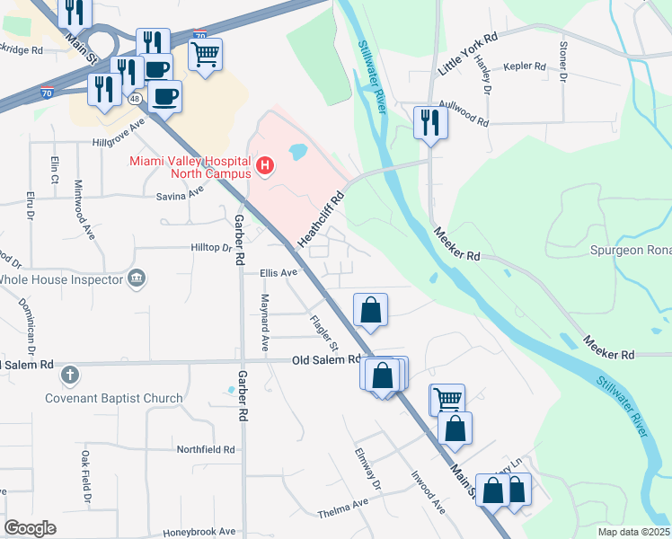 map of restaurants, bars, coffee shops, grocery stores, and more near 10 Granite Drive in Dayton