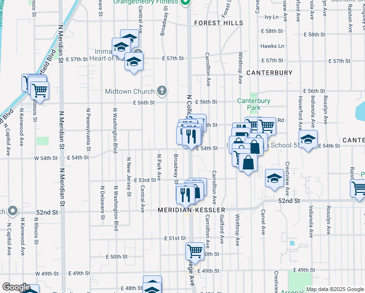 map of restaurants, bars, coffee shops, grocery stores, and more near in Indianapolis