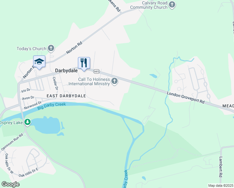 map of restaurants, bars, coffee shops, grocery stores, and more near 6624 Darby Boulevard in Grove City