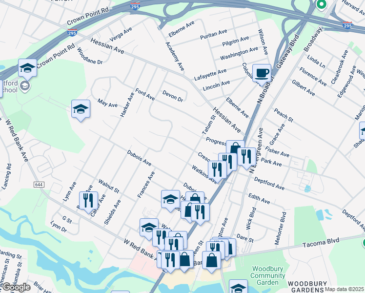 map of restaurants, bars, coffee shops, grocery stores, and more near 121 Crescent Avenue in Woodbury