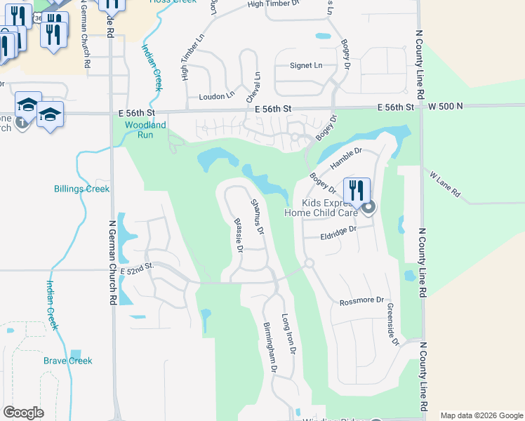 map of restaurants, bars, coffee shops, grocery stores, and more near 5363 Shamus Drive in Indianapolis