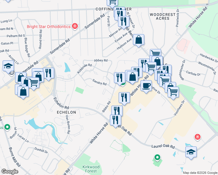 map of restaurants, bars, coffee shops, grocery stores, and more near 2108 Sandra Road in Voorhees Township