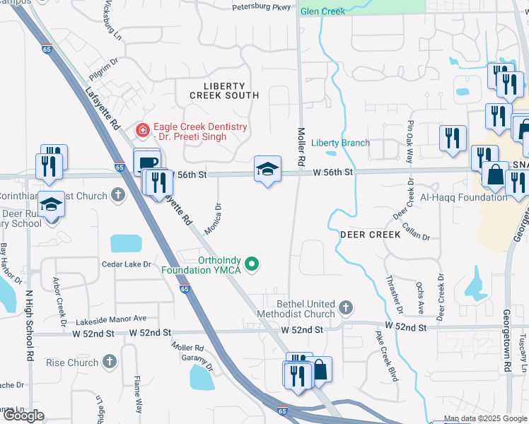 map of restaurants, bars, coffee shops, grocery stores, and more near 5455 West 56th Street in Indianapolis