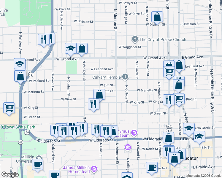 map of restaurants, bars, coffee shops, grocery stores, and more near 601-799 W Packard St in Decatur