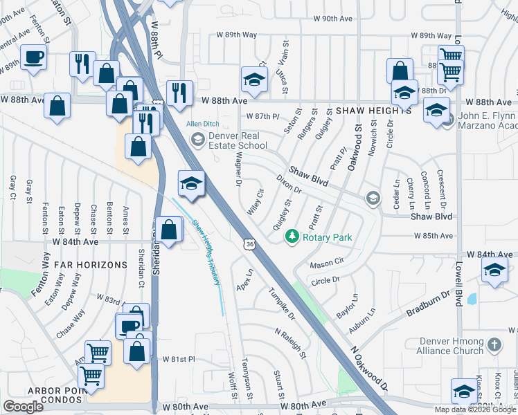 map of restaurants, bars, coffee shops, grocery stores, and more near 8524 Wiley Circle in Westminster