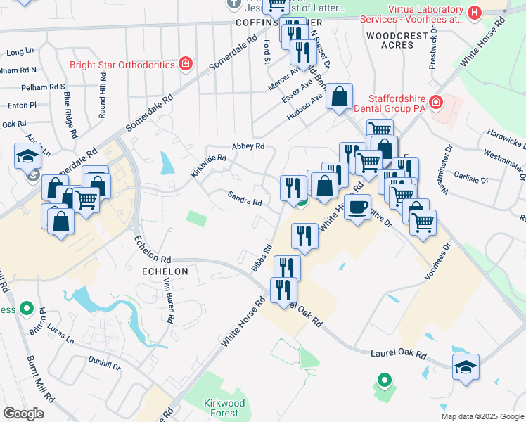 map of restaurants, bars, coffee shops, grocery stores, and more near 2108 Sandra Road in Voorhees Township