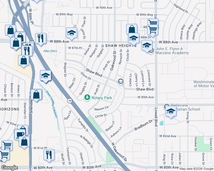 map of restaurants, bars, coffee shops, grocery stores, and more near 13125 Mason Circle in Westminster