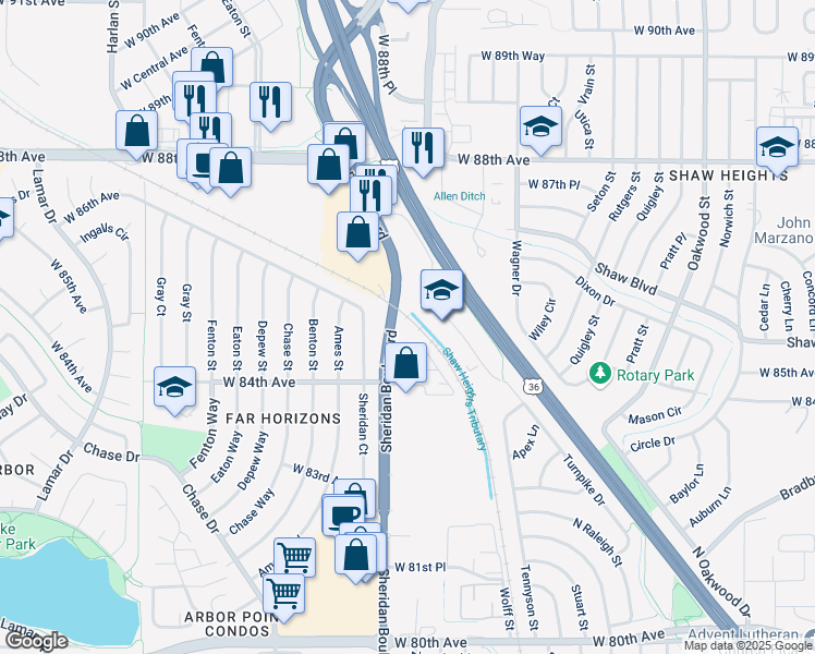 map of restaurants, bars, coffee shops, grocery stores, and more near 8490 Sheridan Boulevard in Arvada