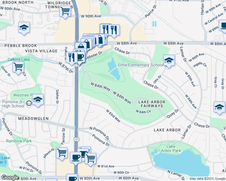 map of restaurants, bars, coffee shops, grocery stores, and more near 7131 West 84th Way in Arvada