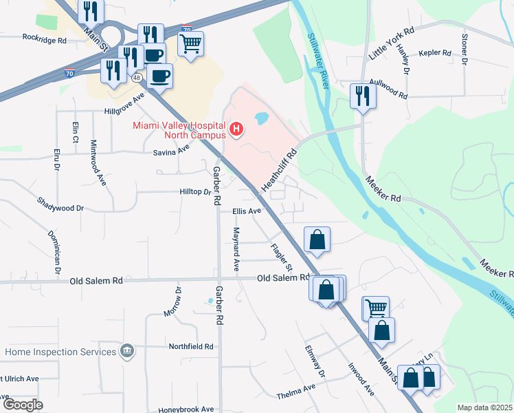 map of restaurants, bars, coffee shops, grocery stores, and more near 8801 North Main Street in Dayton