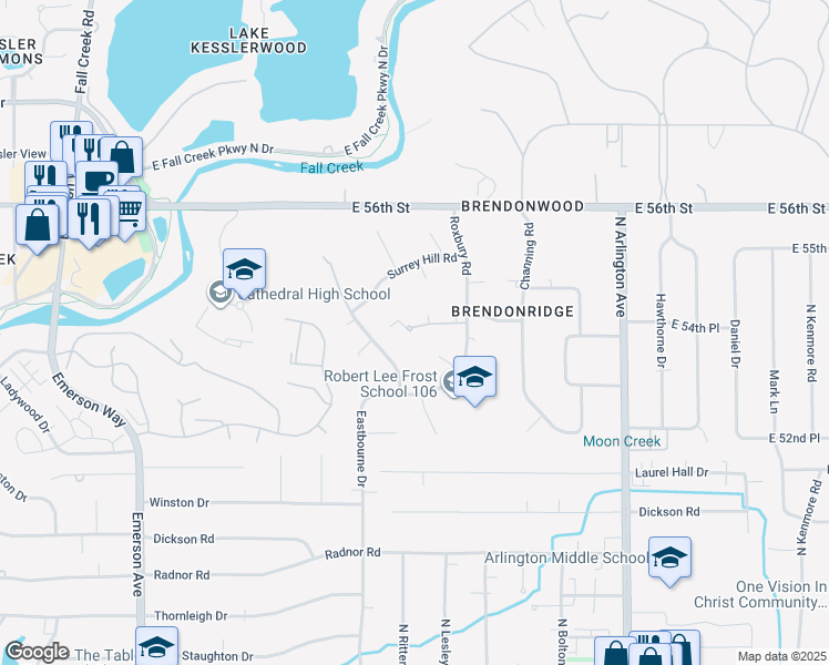 map of restaurants, bars, coffee shops, grocery stores, and more near 5530 Roxbury Terrace in Indianapolis