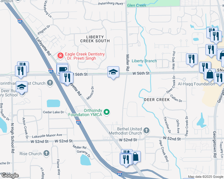 map of restaurants, bars, coffee shops, grocery stores, and more near 5455 West 56th Street in Indianapolis