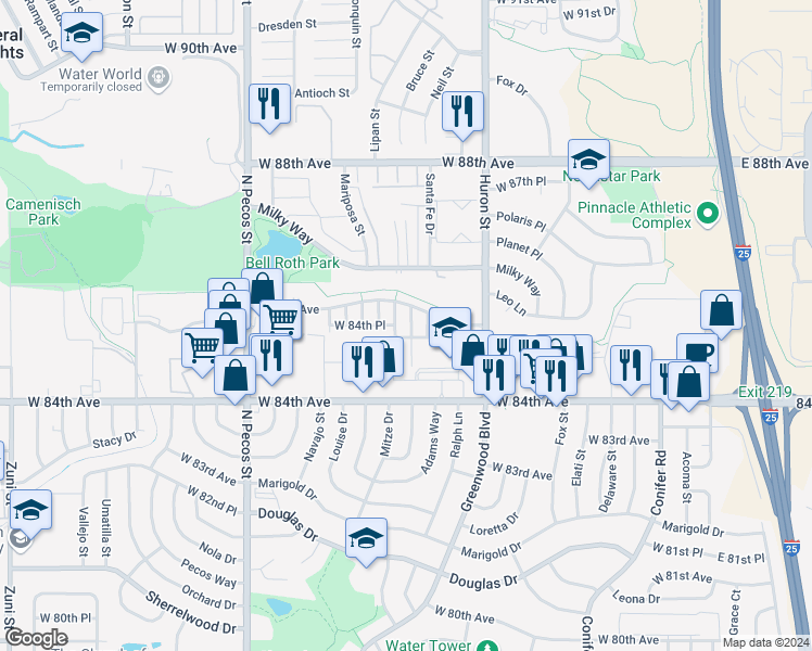 map of restaurants, bars, coffee shops, grocery stores, and more near 8447 Jason Court in Federal Heights
