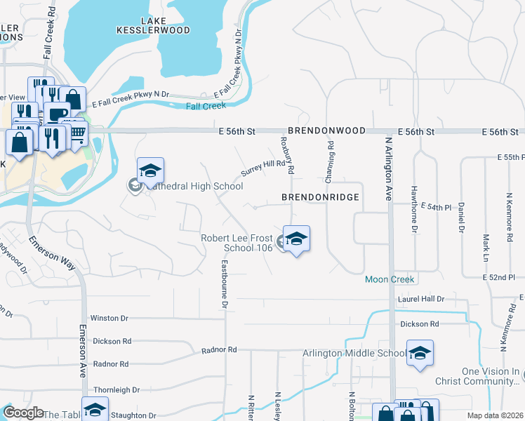 map of restaurants, bars, coffee shops, grocery stores, and more near 5530 Roxbury Terrace in Indianapolis