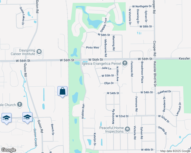map of restaurants, bars, coffee shops, grocery stores, and more near 5519 Julie Lane in Indianapolis