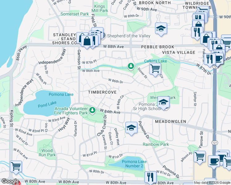 map of restaurants, bars, coffee shops, grocery stores, and more near 8454 Everett Way in Arvada