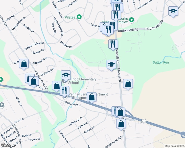 map of restaurants, bars, coffee shops, grocery stores, and more near 4202 Chatham Circle in Aston