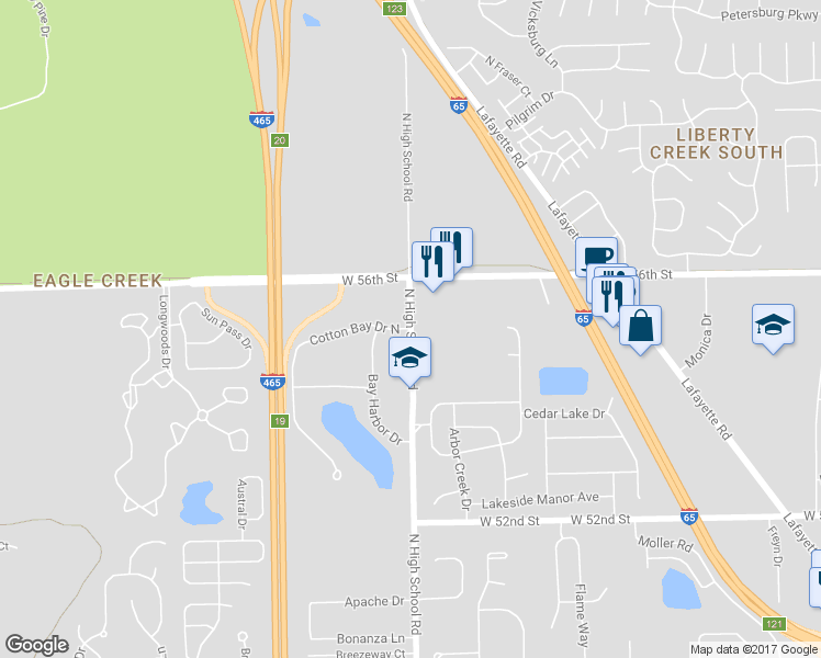 map of restaurants, bars, coffee shops, grocery stores, and more near N High School Rd & Cotton Bay Dr N in Indianapolis