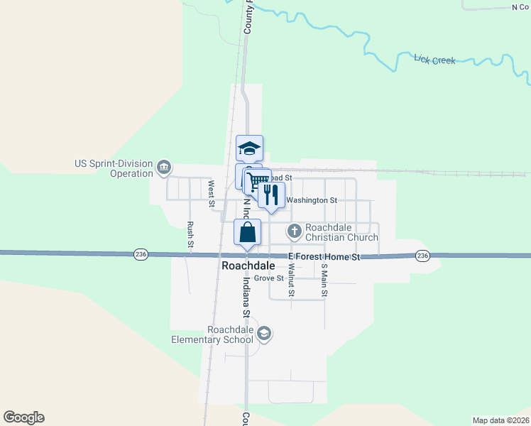 map of restaurants, bars, coffee shops, grocery stores, and more near 106 East Washington Street in Roachdale