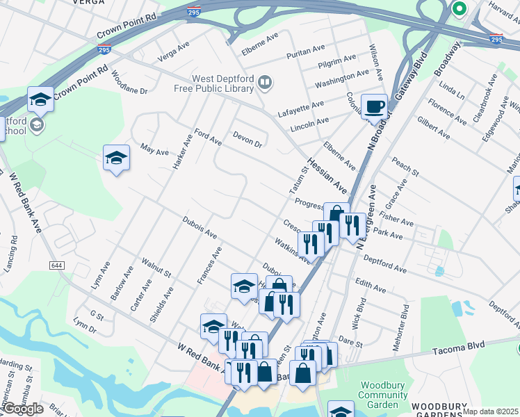 map of restaurants, bars, coffee shops, grocery stores, and more near 138 Crescent Avenue in Woodbury